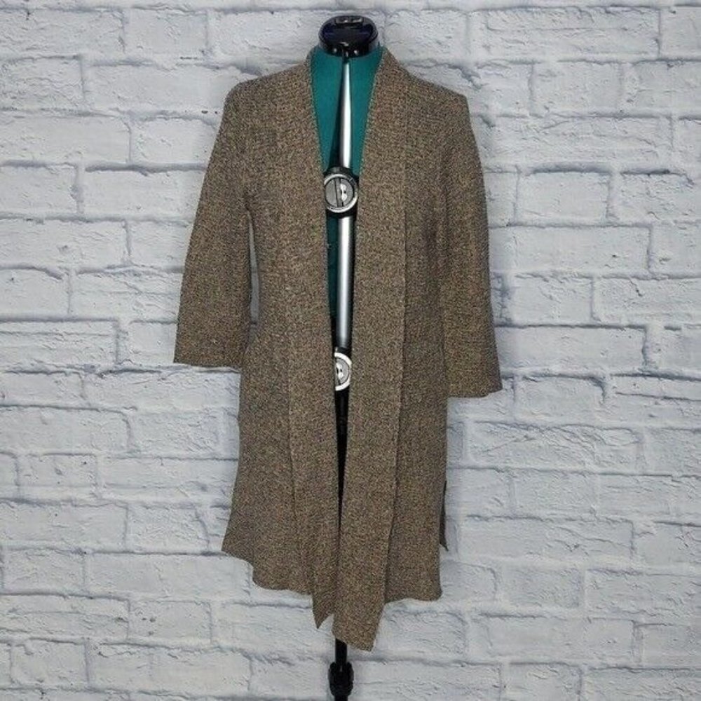 *EILEEN Fisher Womens Gray linen knit open front long cardigan Sz M